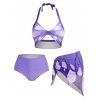 Ensemble de Bikini de Bain Matelassé à Imprimé Papillon à Taille Haute à Col Halter Trois Pièces de Swimwear - Pourpre XL