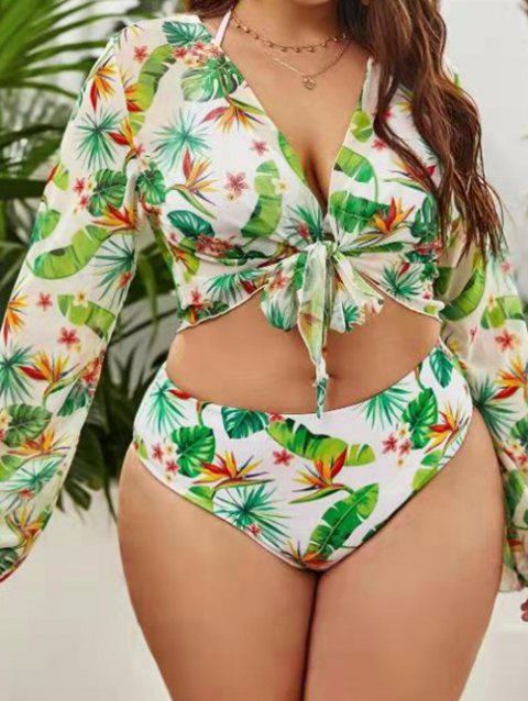 Plus Size Tropical Three Piece Bikini Swimsuit Leaf Print Sheer Cover-up Top Tied Front Halter Vacation Swimwear