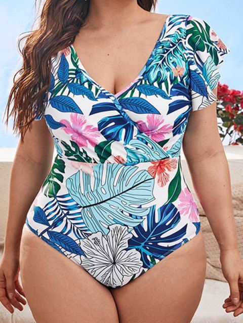 Plus Size One-piece Swimsuit Allover Leaf Flower Print Swimwear Flutter Sleeve Plunge Vacation Bathing Suit