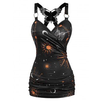 

Celestial Sun Moon Star Print Tank Top Butterfly Lace Insert Ruched Surplice O Ring Strap Tank Top, Black