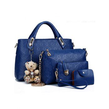 

Fashionable Bear Pendant Embossed 4 Pcs Bags Set, Blue