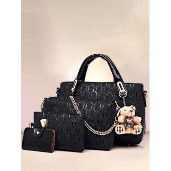 

Fashionable Bear Pendant Embossed 4 Pcs Bags Set, Black