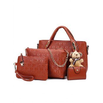 

Fashionable Bear Pendant Embossed 4 Pcs Bags Set, Coffee