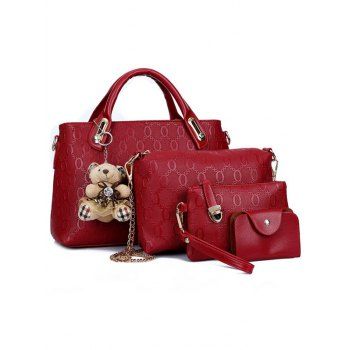 

Fashionable Bear Pendant Embossed 4 Pcs Bags Set, Deep red