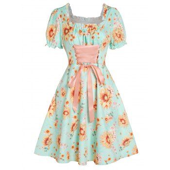 

Sunflower Floral Print Vacation Mini Dress Lace Up Ruffles Short Sleeve Square Neck Vintage Milkmaid Dress, Light green