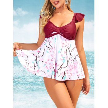 

Colorblock Tankini Swimsuit Twisted Peach Blossom Swimwear Flower Ruffle Tummy Control Vacation Bathing Suit, Deep red