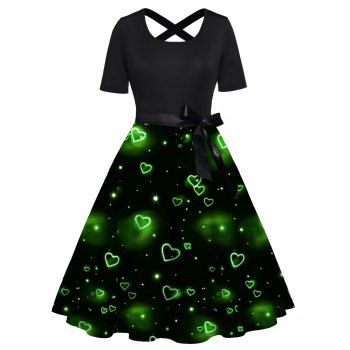 

Plus Size Dress Heart Print Crossover Back Bowknot Belted High Waisted A Line Midi Dress, Black