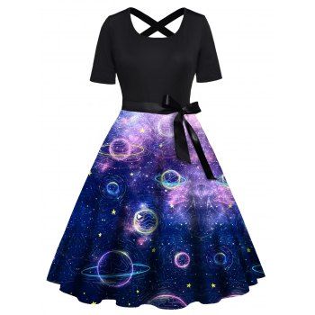 

Plus Size Dress Galaxy Planet Print Bowknot Belted Crossover Back High Waisted A Line Midi Dress, Deep blue