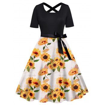 

Plus Size Dress Leaf Sunflower Print Crossover Back Bowknot Belted High Waisted A Line Midi Dress, White