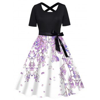 

Plus Size Dress Leaf Print Bowknot Belted Crossover Back High Waisted A Line Midi Dress, White