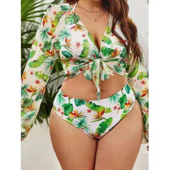 

Plus Size Tropical Three Piece Bikini Swimsuit Leaf Print Sheer Cover-up Top Tied Front Halter Vacation Swimwear, Multicolor