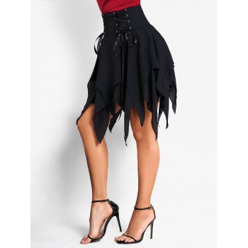 

Lace Up Layered Asymmetric Skirt Solid Color Handkerchief Skirt, Black