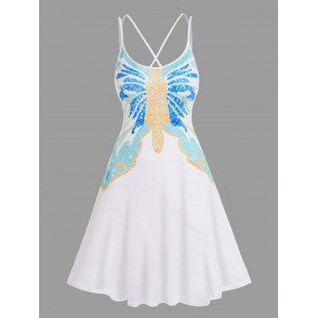 

Butterfly Print Mini Dress Crisscross Adjustable Strap Cami Dress, White