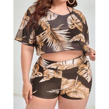 

Plus Size Three Piece Bikini Swimsuit Leaf Print Halter Swimwear Sheer Cover-up Top Boyshorts Vacation Bathing Suit, Multicolor