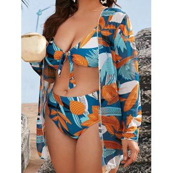 

Plus Size Three Piece Bikini Set Colored Leaf Print Bowknot Padded Sheer Cover-up Vacation Swimsuit, Multicolor