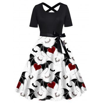 

Plus Size Dress Bat Heart Print Bowknot Belted Crossover Back High Waisted A Line Midi Dress, White