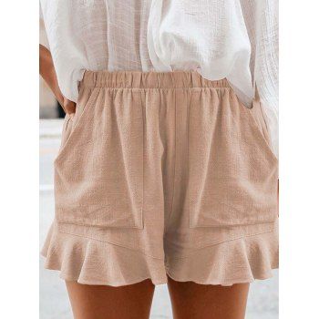 

Solid Color Flounce Shorts Elastic Waist Pocket Patches Casual Shorts, Light coffee