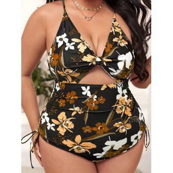 

Plus Size Monikini Flower Leaf Print Crisscross Swimsuit Knotted Cinched Ruched Padded Vacation One-piece Swimsuit, Multicolor