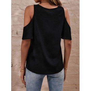 Cold Shoulder Lace Insert T-shirt V Neck Solid Color Short Sleeve Casual Tee