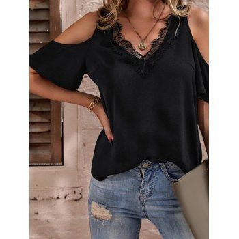 

Cold Shoulder Lace Insert T-shirt V Neck Solid Color Short Sleeve Casual Tee, Black