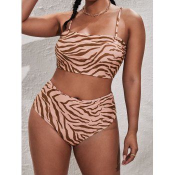 

Plus Size Tankini Swimsuit Zebra Print Swimwear Padded High Waisted Vacation Bathing Suit, Multicolor