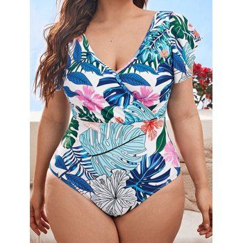 

Plus Size One-piece Swimsuit Allover Leaf Flower Print Swimwear Flutter Sleeve Plunge Vacation Bathing Suit, Multicolor