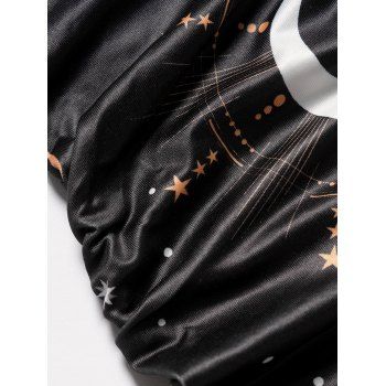 Celestial Sun Moon Star Print Tank Top Butterfly Lace Insert Ruched Surplice O Ring Strap Tank Top