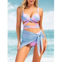 dresslily Pastel Color Shell Bikini Swimsuit Underwire Bandage Bikini Three Piece Swimwear Sheer Swim Skirt Bathing Suit