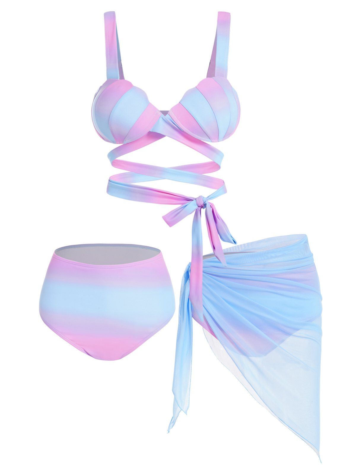 Pastel Color Shell Bikini Swimsuit Underwire Bandage Bikini Three Piece Swimwear Sheer Swim Skirt Bathing Suit - multicolor A XXL