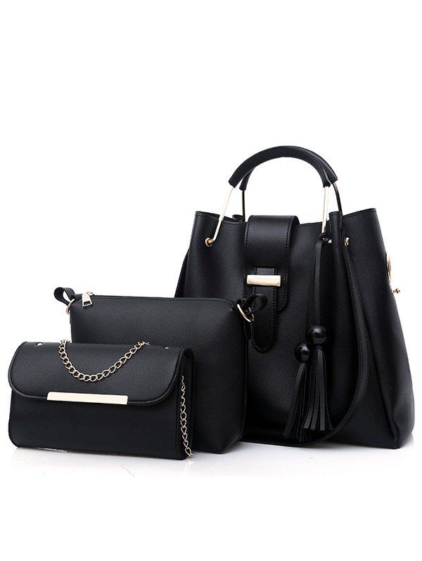 3 Pcs Bags Set Plain Color Fringed One Shoulder Bags - BLACK 