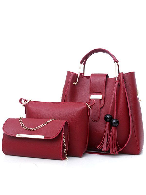 3 Pcs Bags Set Plain Color Fringed One Shoulder Bags - DEEP RED 