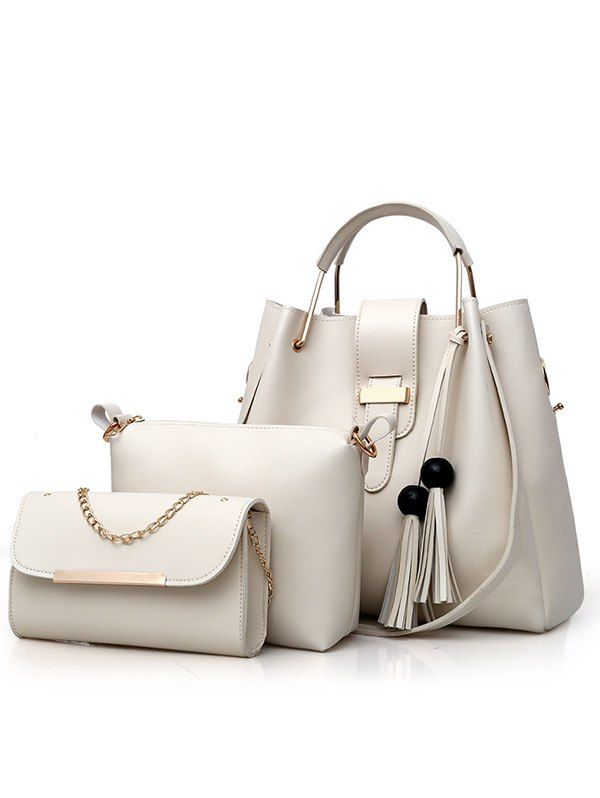 3 Pcs Bags Set Plain Color Fringed One Shoulder Bags - WHITE 