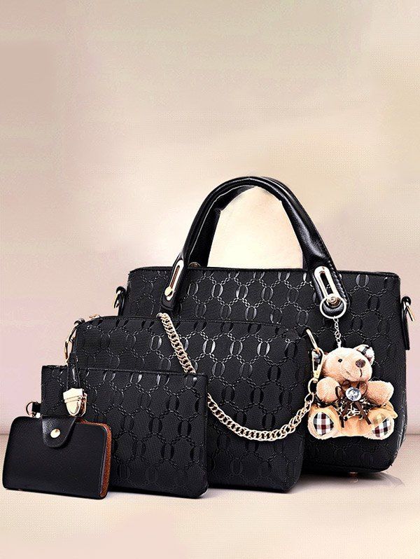 Fashionable Bear Pendant Embossed 4 Pcs Bags Set - BLACK 