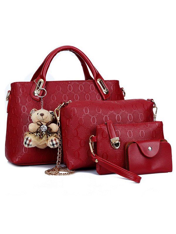 Fashionable Bear Pendant Embossed 4 Pcs Bags Set - DEEP RED 