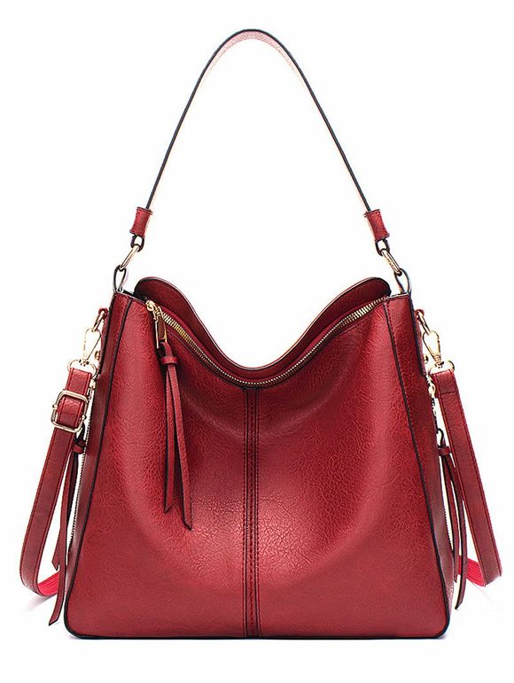 Sac Fourre-tout Zippé à Une Epaule en PU à Frange - Rouge foncé 