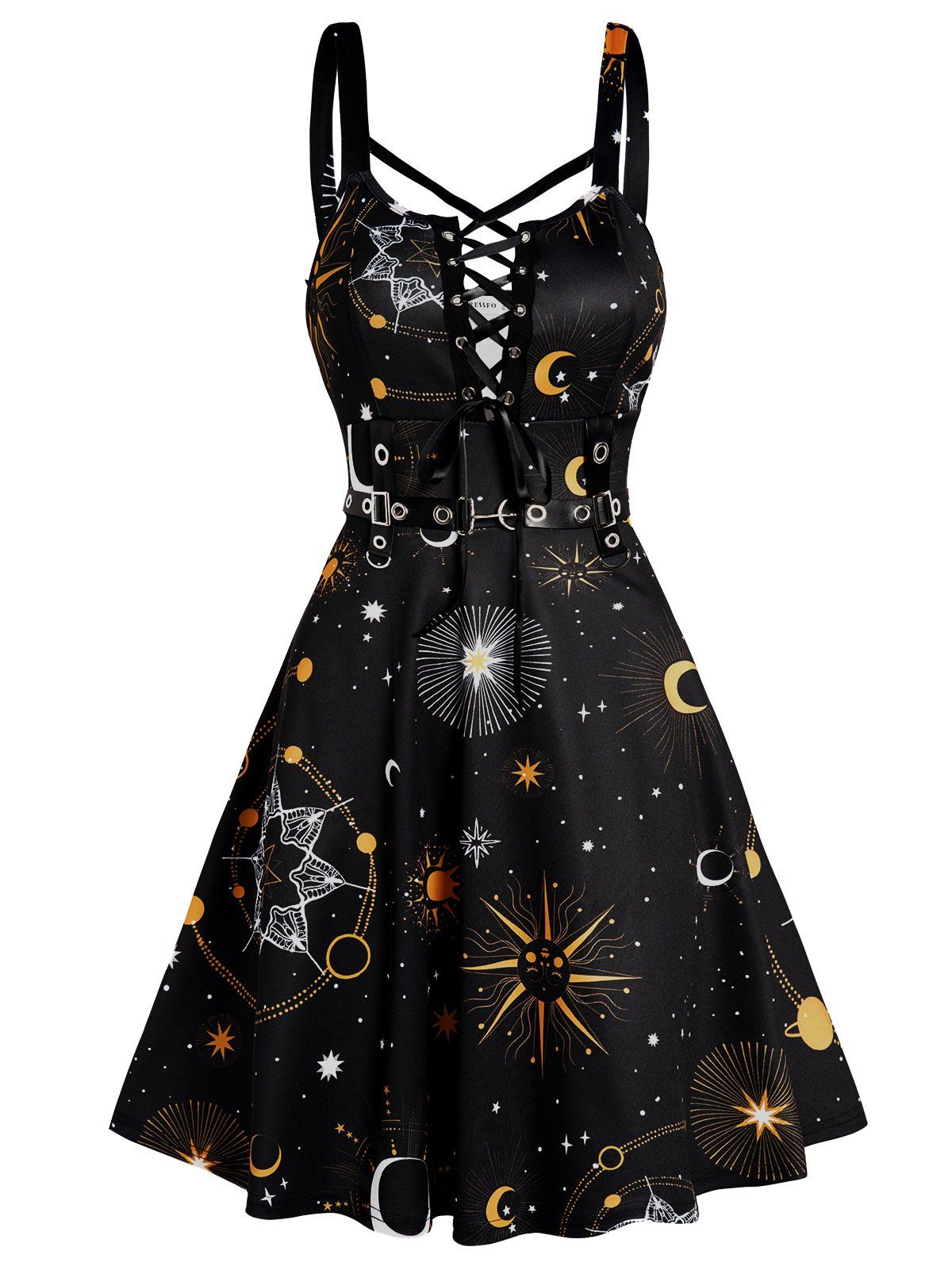 Sun Moon Star Print Dress Lace Up Grommet Buckle Strap Crisscross High Waisted A Line Mini Dress - BLACK XXL