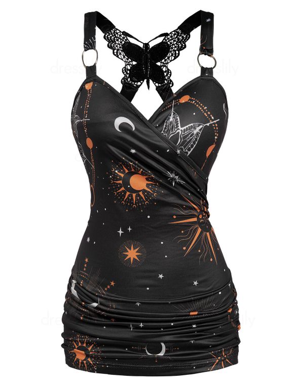 Celestial Sun Moon Star Print Tank Top Butterfly Lace Insert Ruched Surplice O Ring Strap Tank Top - BLACK S