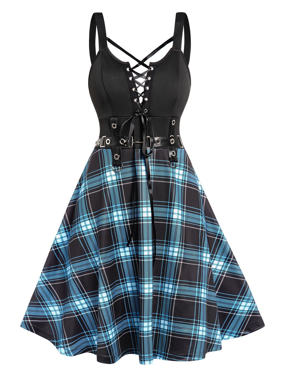 Plaid Print Dress Lace Up Buckle Strap Grommet High Waisted A Line Mini Dress - BLACK XL