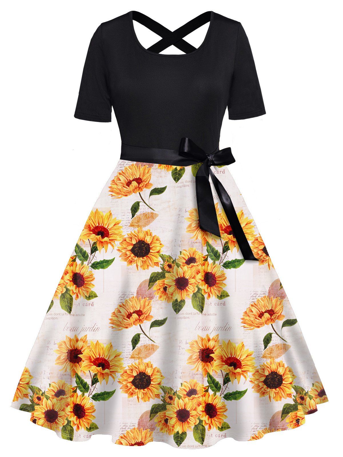 Plus Size Dress Leaf Sunflower Print Crossover Back Bowknot Belted High Waisted A Line Midi Dress - WHITE 5X