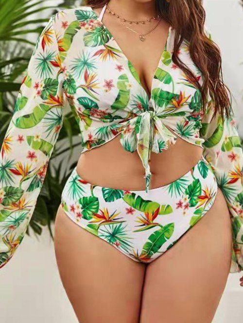 Plus Size Tropical Three Piece Bikini Swimsuit Leaf Print Sheer Cover-up Top Tied Front Halter Vacation Swimwear - multicolor 2XL
