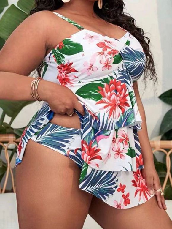 Plus Size Tropical Tankini Swimsuit Leaf Flower Print Layered Swimwear Twisted Tummy Control Vacation Bathing Suit - multicolor 3XL