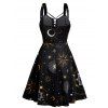 Sun Moon Star Print Dress Lace Up Grommet Buckle Strap Crisscross High Waisted A Line Mini Dress - BLACK XXL