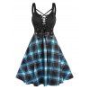 Plaid Print Dress Lace Up Buckle Strap Grommet High Waisted A Line Mini Dress - BLACK XXL