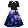 Plus Size Dress Galaxy Planet Print Bowknot Belted Crossover Back High Waisted A Line Midi Dress - DEEP BLUE 5X