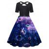Plus Size Dress Galaxy Planet Print Bowknot Belted Crossover Back High Waisted A Line Midi Dress - DEEP BLUE 5X