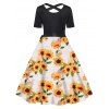 Plus Size Dress Leaf Sunflower Print Crossover Back Bowknot Belted High Waisted A Line Midi Dress - WHITE 5X
