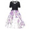 Plus Size Dress Leaf Print Bowknot Belted Crossover Back High Waisted A Line Midi Dress - WHITE 5X