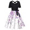 Plus Size Dress Leaf Print Bowknot Belted Crossover Back High Waisted A Line Midi Dress - WHITE 5X