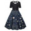 Robe Mi-Longue Ligne A Ceinturée Etoile Lune et Soleil Imprimés à Taille Haute - Bleu profond 2X
