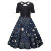 Plus Size Dress Sun Moon Star Planet Print Bowknot Belted Crossover Back High Waisted A Line Midi Dress - DEEP BLUE L